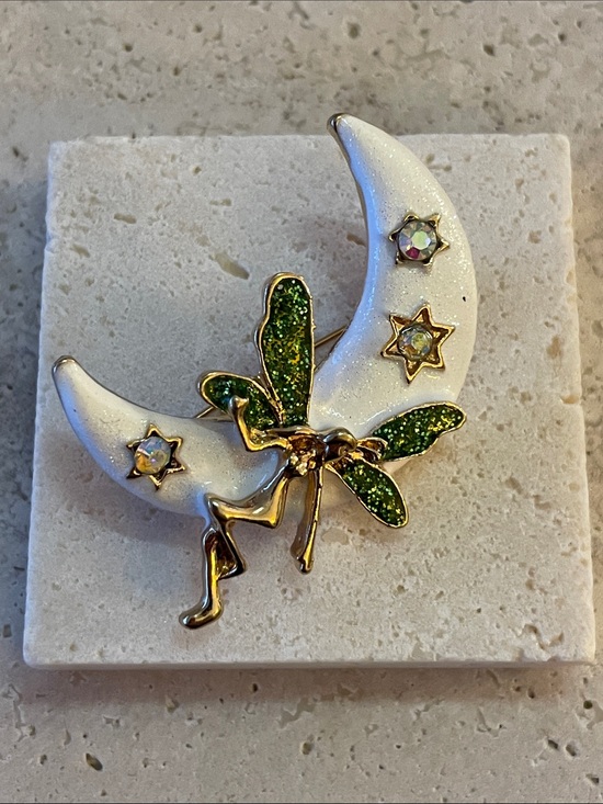 Jewelry - Gold-tone Crescent Moon Pin with Green Glitter Fairy